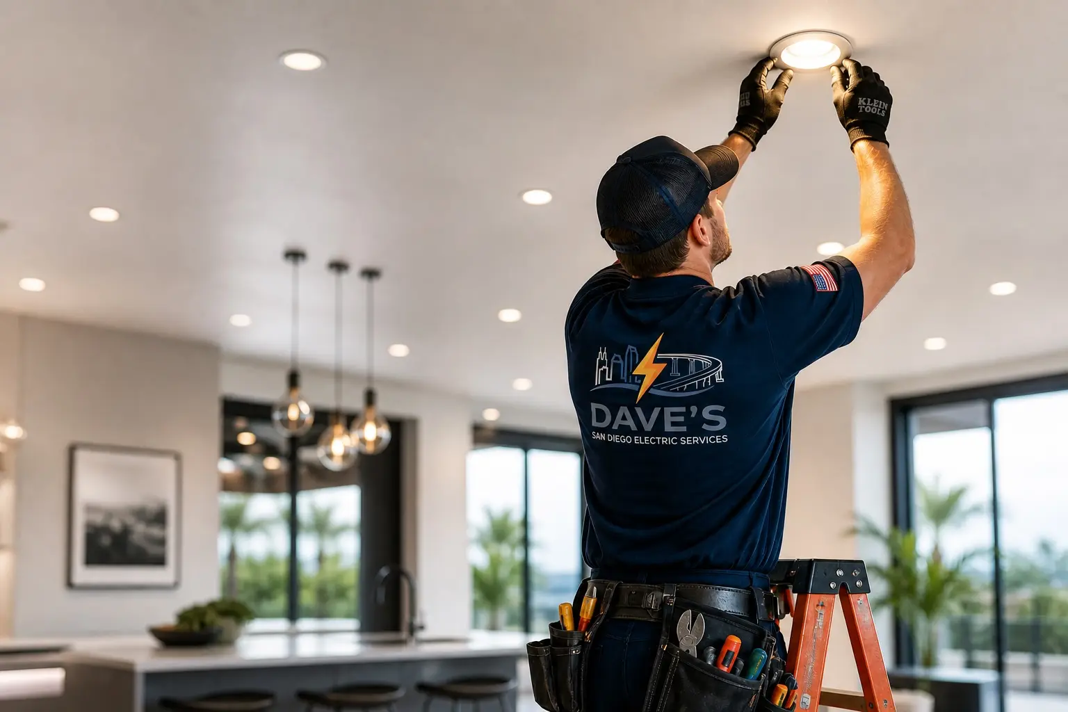 Electrician testing a commercial electrical panel in San Diego