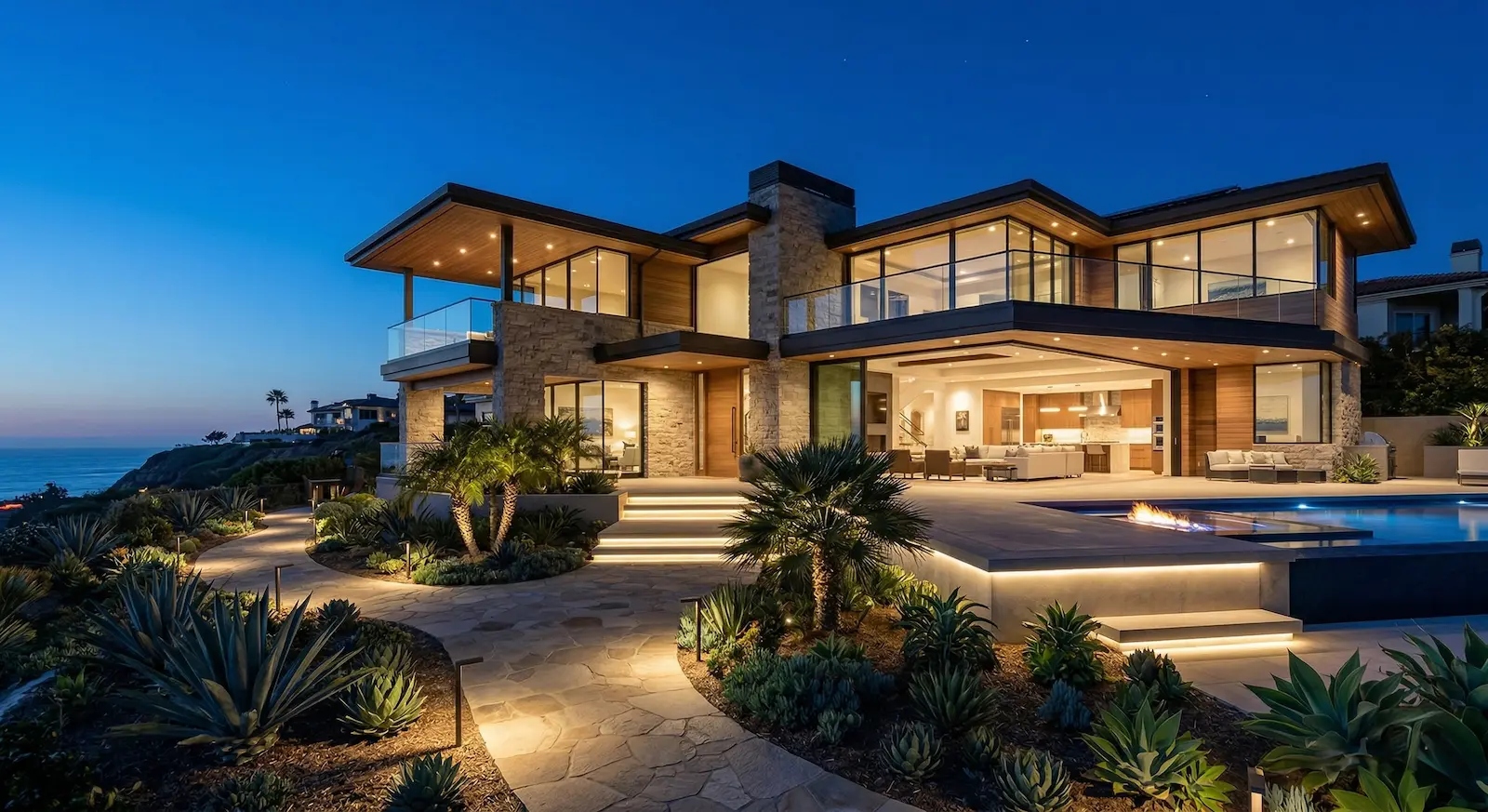 Coastal residential exterior lighting installation